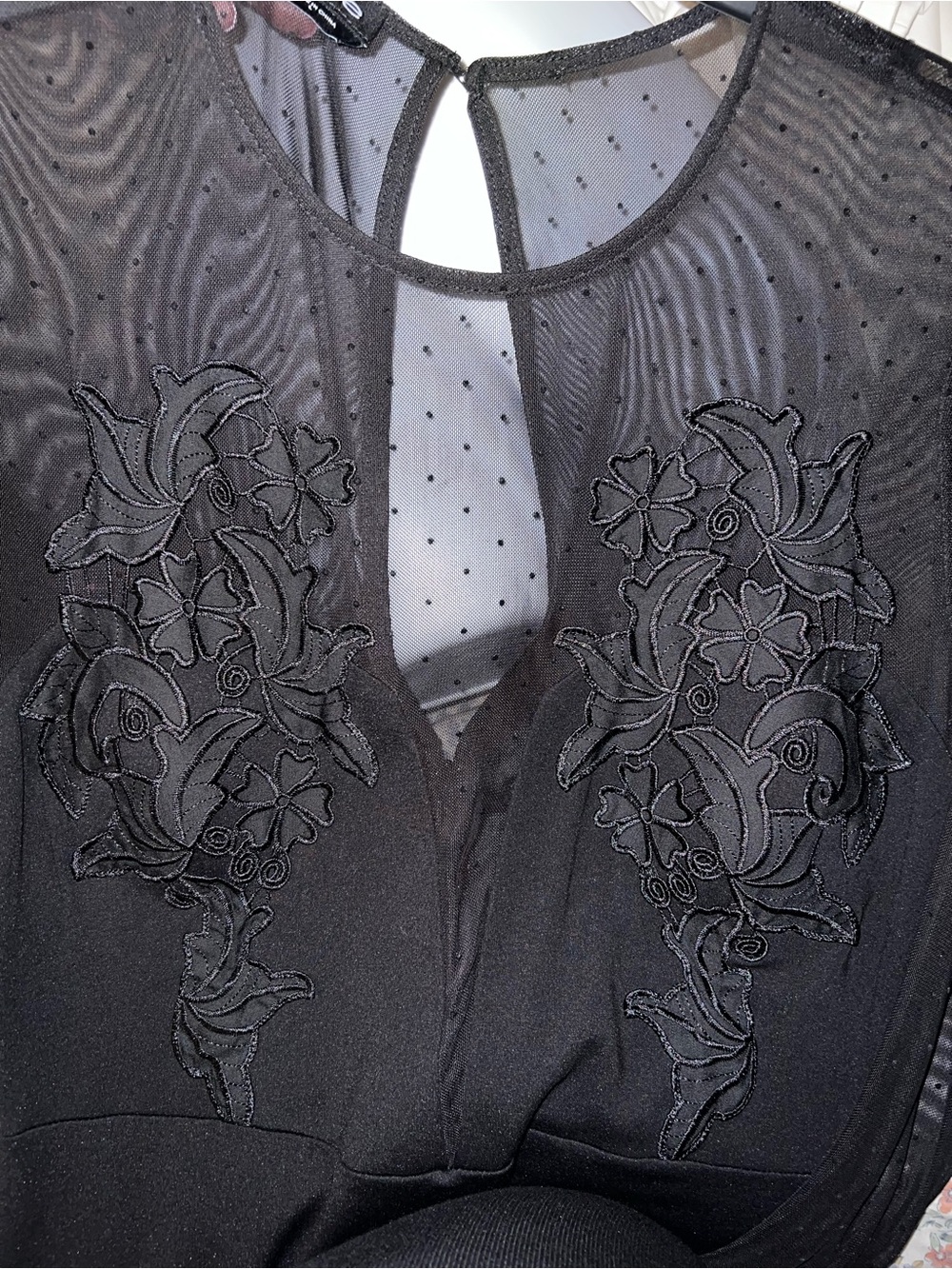 Women's Black Sheer Mesh and Lace Long Sleeve Cat Suit - Picture 5 of 9